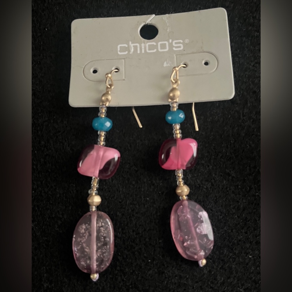 Chico's Pink, teal, and Gold Dangle Earrings